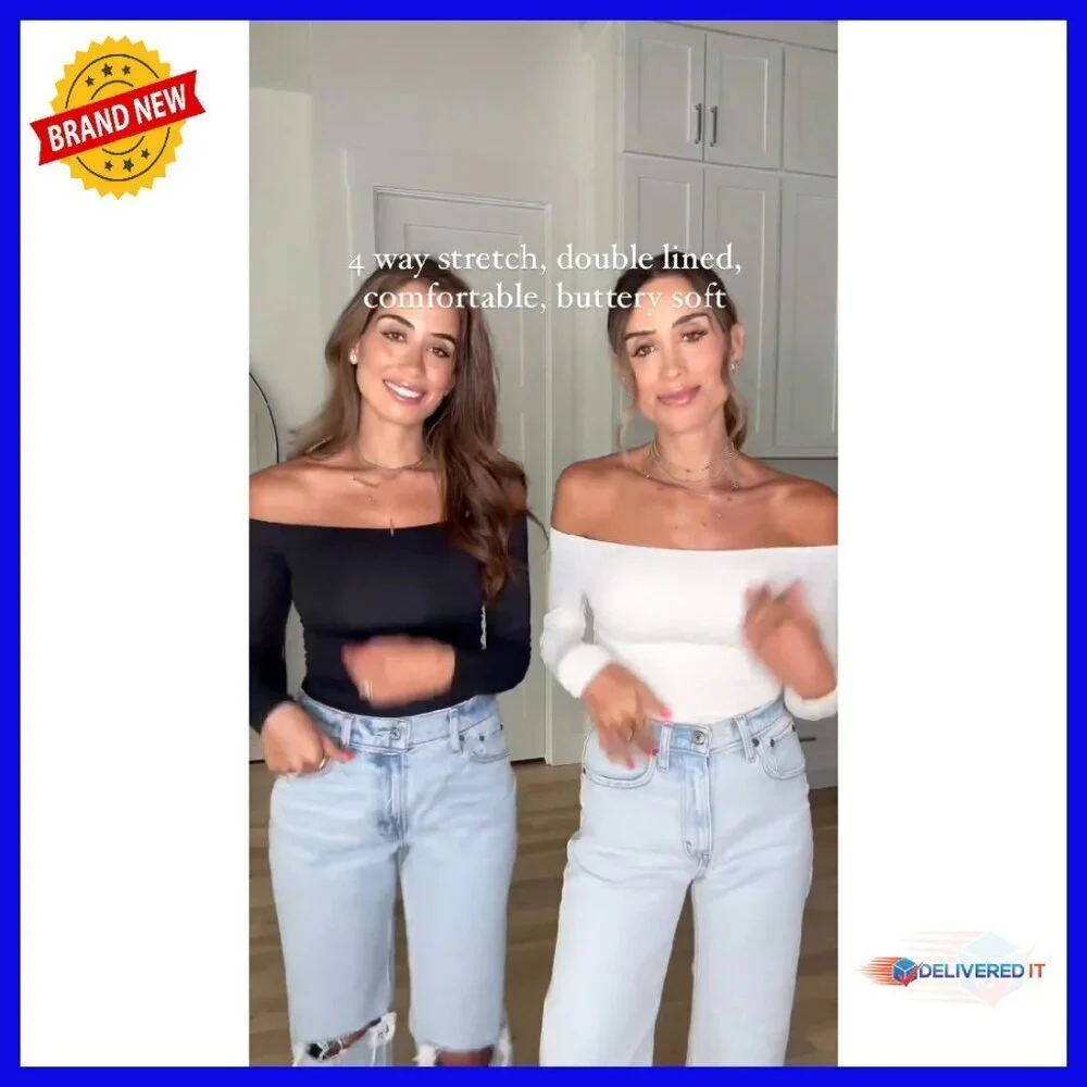 Off Shoulder Long Sleeve Bodysuit Double Lined Thong 4-Way Stretch